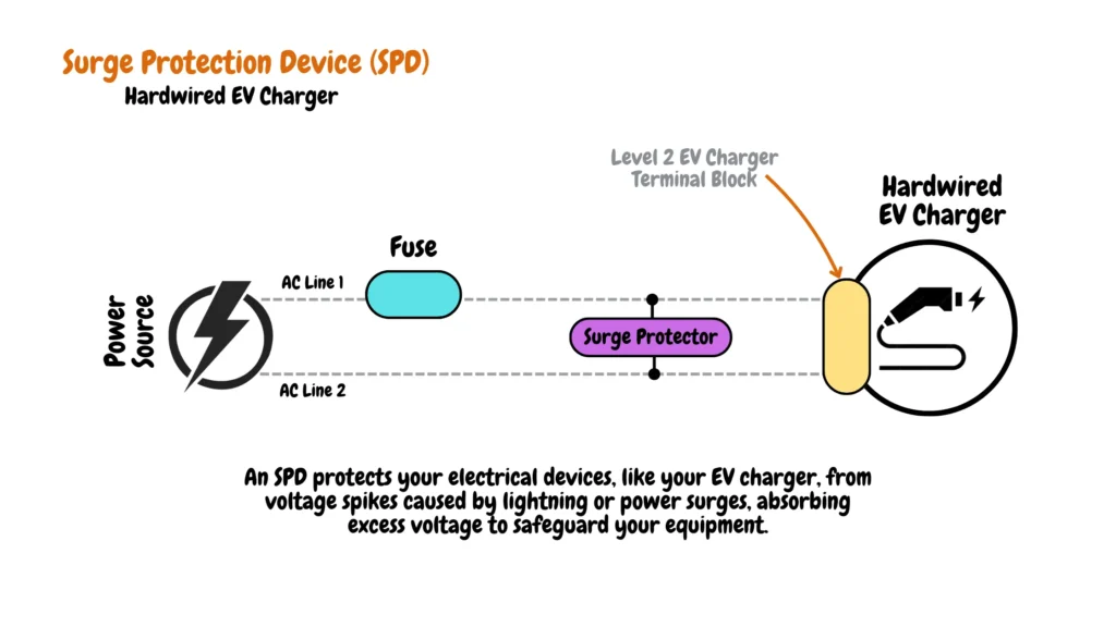 This illustration demonstrates the incorporation of a Surge Protection Device (SPD) within a hardwired Level 2 EV charger installation. SPDs offer an extra layer of security by absorbing sudden voltage spikes that could damage sensitive electronics in the charger or other connected equipment. The image visually depicts the connection between the SPD , SPD Fuse, and the AC lines, highlighting its role in safeguarding against potential harm caused by lightning strikes or power surges.