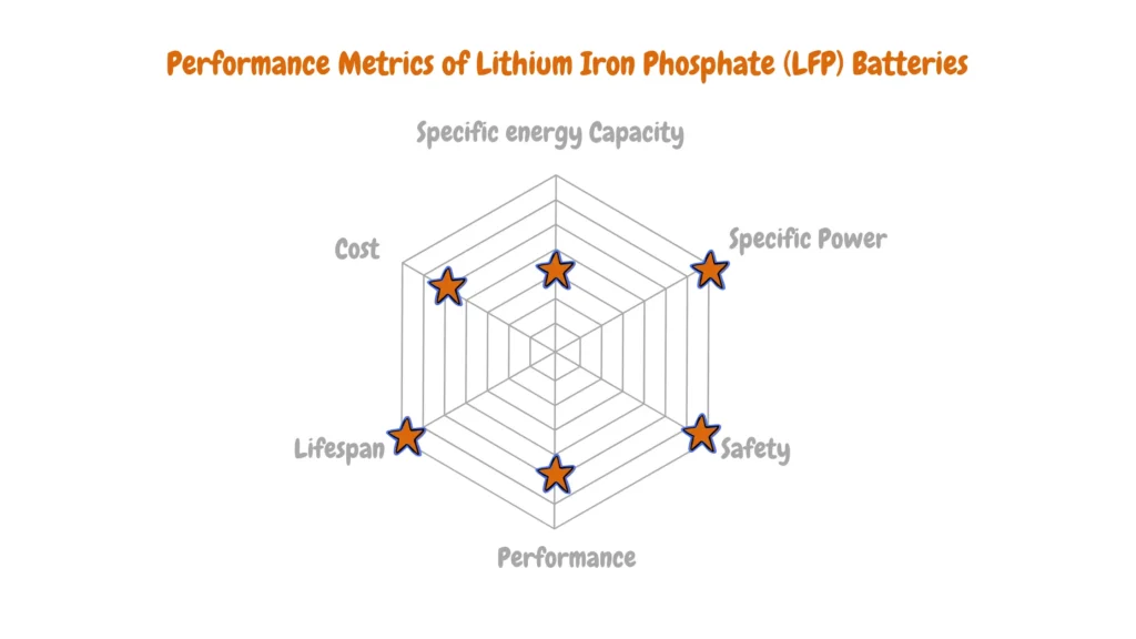 Radar chart displaying the performance metrics of Lithium Iron Phosphate (LFP) batteries, including specific energy capacity, specific power, safety, performance, lifespan, and cost. Each metric is represented by a point on the radar chart, providing an overview of the battery's characteristics and performance attributes.