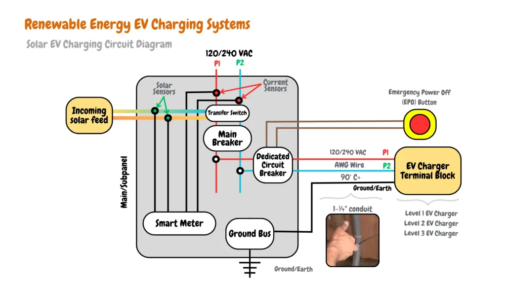 The image illustrates a typical electric vehicle (EV) branch circuit for an EV charging system integrated with solar power generation. The diagram includes the following components: Ground Bus, Main Breaker, EV Charger Terminal Block, 120/240 VAC (P1 and P2), Ground/Earth, AWG Wire, 90°C+, 1-¼" conduit, Main/Subpanel, Current Sensors, Smart Meter, Incoming solar feed, Solar Sensors, Transfer Switch, Emergency Power Off (EPO) Button, Dedicated Circuit Breaker, Level 1 EV Charger, Level 2 EV Charger, and Level 3 EV Charger. The setup demonstrates how solar energy is utilized to charge an EV, emphasizing the typical electrical components required for renewable energy integration with EV charging.