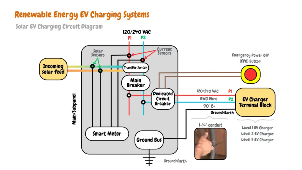 A renewable EV charging system circuit diagram showing components such as Ground Bus, Main Breaker, EV Charger Terminal Block, Renewable Energy EV Charging Systems, 120/240 VAC, P1, P2, Ground/Earth, AWG Wire, 1-¼" conduit, Main/Subpanel, Current Sensors, Smart Meter, Incoming solar feed, Solar Sensors, Transfer Switch, Solar EV Charging Circuit Diagram, Emergency Power Off (EPO) Button, Dedicated Circuit Breaker, Level 1 EV Charger, Level 2 EV Charger, Level 3 EV Charger - that can be damaged leading to current leakage.