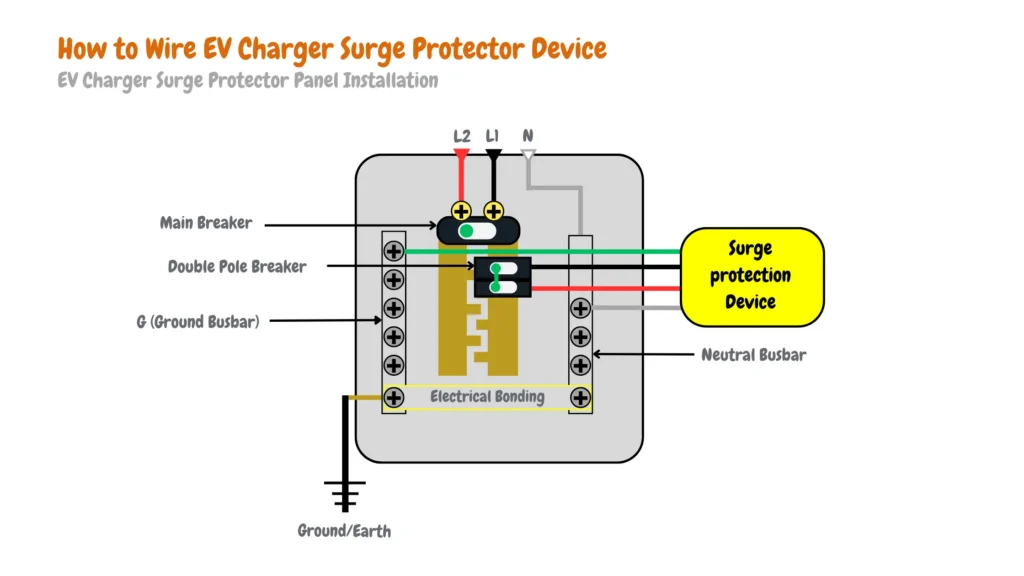 Detailed wire connection diagram for installing an EV charger surge protector device. Includes annotations for Ground/Earth connections, Electrical Bonding, N (Neutral), L1 and L2 lines, Double Pole Breaker, Surge Protection Device, Main Breaker, Neutral Busbar, and G (Ground Busbar).