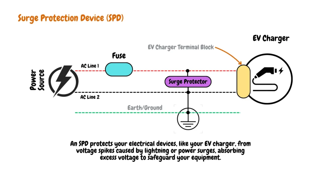 Illustration of a Surge Protection Device (SPD) installed with an EV charger system. Includes EV charger terminal block, fuse, surge protector, AC Line 1 and AC Line 2 connections, power source, and earth/ground symbol. The SPD protects electrical devices from voltage spikes and surges, enhancing equipment safety.