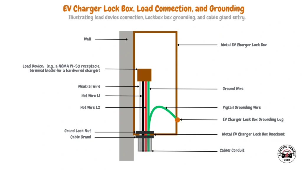 Diagram titled "EV Charger Lock Box, Load Connection, and Grounding", illustrating the wiring inside a metal EV charger lock box mounted on a wall.
The diagram shows a cross-section view. On the left is a gray vertical bar representing the "Wall". Attached to it is a brown rectangular outline representing the "Metal EV Charger Lock Box".
Inside the box, near the top, is a brown rectangle labeled "Load Device: (e.g., a NEMA 14-50 receptacle, terminal blocks for a hardwired charger)". Four wires connect to the bottom of this load device:
1. A white wire labeled "Neutral Wire".
2. A black wire labeled "Hot Wire L1".
3. A red wire labeled "Hot Wire L2".
4. A green wire labeled "Ground Wire".
These four wires originate from the bottom of the lock box, entering through a cable entry system.
At the bottom of the lock box:
* A gray tube labeled "Cables Conduit" enters the box from below.
* The wires pass through a hole labeled "Metal EV Charger Lock Box Knockout".
* A fitting labeled "Cable Gland" secures the wires as they enter the box through the knockout.
* A nut labeled "Gland Lock Nut" secures the cable gland from inside the box.
The grounding system is specifically highlighted:
* The main "Ground Wire" (green) runs from the cable gland up to the load device.
* A separate green wire labeled "Pigtail Grounding Wire" branches off the main ground wire (or is connected to it) and curves to connect to an orange circular terminal.
* This terminal, attached to the inner wall of the metal lock box, is labeled "EV Charger Lock Box Grounding Lug". This connection grounds the metal box itself for safety.
Arrows point from each label to the corresponding part in the diagram.