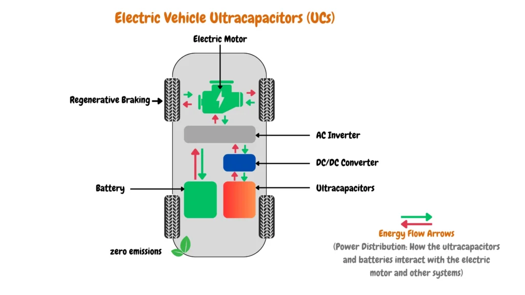 This diagram illustrates power distribution in an electric vehicle, highlighting the connection between the electric motor, ultracapacitors, and battery. It features a DC/DC converter and AC inverter, with arrows indicating energy flow. 