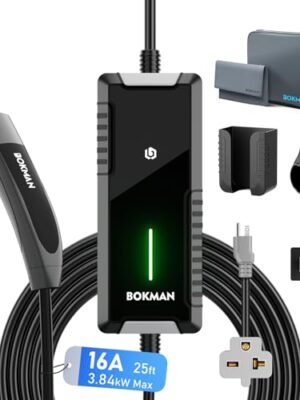 bokman- Level 2 Mobile Charger for Tesla, 16Amp Wall Charger with NEMA 6-20 Plug and Level 1 NEMA 5-15 Compatible with Tesla Model 3/Y/X/S/Cybertruck (25ft)