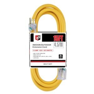 EP 15 ft Lighted Outdoor Extension Cord - 12/3 SJTW Heavy Duty Yellow Extension Cable with 3 Prong Grounded Plug - 15AMP Power Cord for Lawn, Garden, Appliances