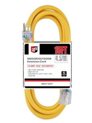 EP 15 ft Lighted Outdoor Extension Cord - 12/3 SJTW Heavy Duty Yellow Extension Cable with 3 Prong Grounded Plug - 15AMP Power Cord for Lawn, Garden, Appliances