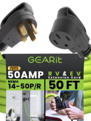 GearIT 50-Amp Extension Cord for RV and EV (50 Feet) 4-Prong 250-Volt, Tesla Model 3/S/X/Y, NEMA 14-50P to 14-50R 6/3, 8/1 STW AWG Gauge Outdoor Auto Power Cord