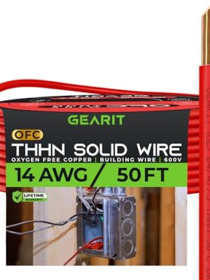 GearIT Solid THHN Wire (14 Gauge, 50 Feet) 100% OFC Electrical Building Wire, Rated for Up to 600 Volts, Single Conductor, Nylon Jacket, UL Listed/RoHs Compliant - Red, 50ft