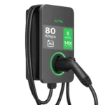 Autel MaxiCharger 80A EV Charger mounted on a white wall with J1772 connector plugged in, green display, and coiled charging cable.