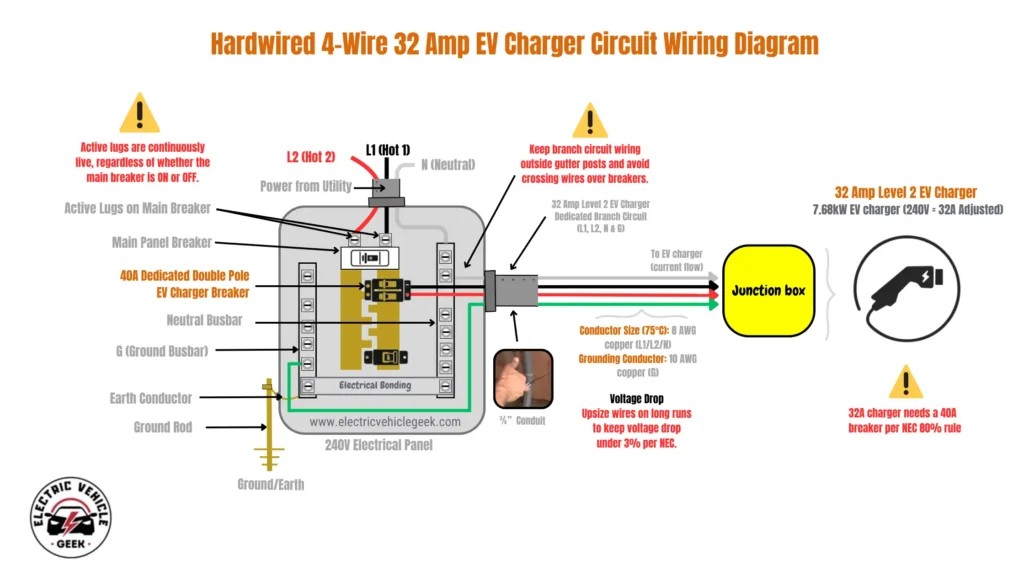 A detailed wiring diagram titled "Hardwired 4-Wire 32 Amp EV Charger Circuit Wiring Diagram". The diagram shows the electrical path for a hardwired 32A Level 2 EV charger using a 4-wire configuration. The diagram illustrates the following components and connections: 240V Electrical Panel: Power from the utility enters the panel with L1 (Hot 1, red wire), L2 (Hot 2, black wire), and a neutral wire. EV Charger Circuit: A "40A Dedicated Double Pole EV Charger Breaker" is installed. A red wire (L1) and a black wire (L2) are connected to this breaker. A white neutral wire is connected to the neutral busbar, and a green ground wire is connected to the ground busbar. Wiring to Charger: The red, black, and white wires are specified as 8 AWG copper, and the green ground wire is 10 AWG copper. They run through a conduit to a yellow junction box, and then to the hardwired EV charger. EV Charger: The final component is a "32 Amp Level 2 EV Charger," rated at 7.68kW, represented by a charging handle icon. Key notes and warnings highlighted in the diagram include: "32A charger needs a 40A breaker per NEC 80% rule." "Active lugs are continuously live, regardless of whether the main breaker is ON or OFF." "Keep branch circuit wiring outside gutter posts and avoid crossing wires over breakers." For voltage drop on long runs, "Upsize wires... to keep voltage drop under 3% per NEC."