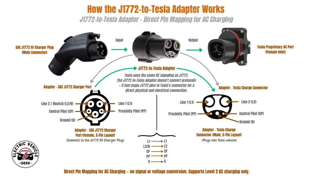 An illustrative diagram titled "How the J1772-to-Tesla Adapter Works" with the subtitle "J1772-to-Tesla Adapter - Direct Pin Mapping for AC Charging." The diagram illustrates the connection flow from left to right. On the left is an "SAE J1772 EV Charger Plug (Male Connector)". An arrow points to the "J1772-to-Tesla Adapter" in the center, which accepts the J1772 plug as input. Another arrow points from the adapter's output to the "Tesla Proprietary AC Port (Female Inlet)" on the right. Below the images of the plugs and adapters, there are two circular pinout diagrams connected by a mapping list. A central text box explains the adapter's function: "Tesla uses the same AC signaling as J1772. The J1772-to-Tesla adapter doesn’t convert protocols – it just maps J1772 pins to Tesla’s connector for a direct physical and electrical connection." The left pinout diagram is for the "Adapter - SAE J1772 Charger Port (Female, 5-Pin Layout)". Its pins are labeled: Line 1 (L1) Line 2 / Neutral (L2/N) Control Pilot (CP) Proximity Pilot (PP) Ground (G) The right pinout diagram is for the "Adapter - Tesla Charge Connector (Male, 5-Pin Layout)". Its pins are labeled: Line 1 (L1) Line 2 (L2) Control Pilot (CP) Proximity Pilot (PP) Ground (G) Between the diagrams, a list shows the direct pin mapping: L1 → L1 L2/N → L2 CP → CP PP → PP G → G At the bottom, the image concludes: "Direct Pin Mapping for AC Charging – no signal or voltage conversion. Supports Level 2 AC charging only."