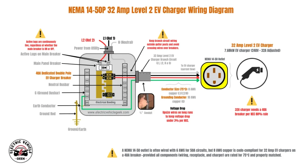 A detailed wiring diagram titled "NEMA 14-50P 32 Amp Level 2 EV Charger Wiring Diagram". The diagram shows the electrical path from a 240V electrical panel to a NEMA 14-50P outlet for a 32A plug-in EV charger. The diagram illustrates the following components and connections: 240V Electrical Panel: Power from the utility enters the panel with L1 (Hot 1, red wire), L2 (Hot 2, black wire), and a neutral wire. EV Charger Circuit: A "40A Dedicated Double Pole EV Charger Breaker" is installed. A red wire (L1) and a black wire (L2) are connected to this breaker. A white neutral wire is connected to the neutral busbar, and a green ground wire is connected to the ground busbar. Wiring to Outlet: The red, black, and white wires are specified as 8 AWG copper, and the green ground wire is 10 AWG copper. These wires run through a conduit to a NEMA 14-50 outlet. EV Charger Connection: A "32 Amp Level 2 EV Charger," rated at 7.68kW, is shown with a plug that connects to the NEMA 14-50 outlet. Key notes and warnings highlighted in the diagram include: "32A charger needs a 40A breaker per NEC 80% rule." A note explains that while NEMA 14-50 outlets are often wired with 6 AWG for 50A circuits, 8 AWG copper is compliant for a 32A charger on a 40A breaker if all components are appropriately rated. Standard warnings about live lugs, proper wire routing, and upsizing wires to manage voltage drop on long runs.