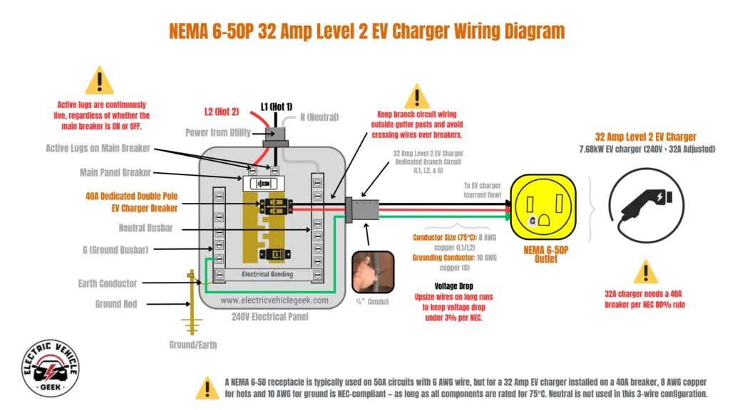 A detailed wiring diagram titled "NEMA 6-50P 32 Amp Level 2 EV Charger Wiring Diagram". The diagram shows the 3-wire electrical path from a 240V electrical panel to a NEMA 6-50P outlet for a 32A plug-in EV charger. The diagram illustrates the following components and connections: 240V Electrical Panel: Power from the utility enters the panel with L1 (Hot 1, red wire) and L2 (Hot 2, black wire). EV Charger Circuit: A "40A Dedicated Double Pole EV Charger Breaker" is installed. A red wire (L1) and a black wire (L2) are connected to this breaker. A green ground wire is connected to the ground busbar. This is a 3-wire configuration that does not use a neutral wire. Wiring to Outlet: The red and black hot wires are specified as 8 AWG copper, and the green ground wire is 10 AWG copper. These wires run through a conduit to a NEMA 6-50P outlet. EV Charger Connection: A "32 Amp Level 2 EV Charger," rated at 7.68kW, is shown with a plug that connects to the NEMA 6-50P outlet. Key notes and warnings highlighted in the diagram include: "32A charger needs a 40A breaker per NEC 80% rule." A note explains that while NEMA 6-50 outlets are typically used on 50A circuits with 6 AWG wire, using 8 AWG copper for the hot wires is NEC-compliant for a 32A charger on a 40A breaker, provided all components are properly rated. Standard warnings about live lugs, proper wire routing, and upsizing wires to manage voltage drop on long runs.