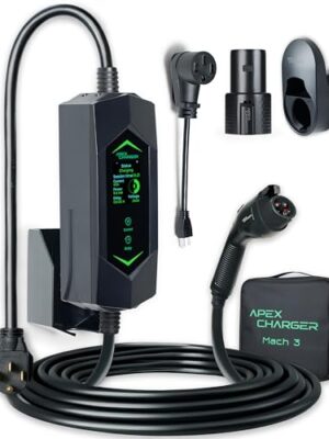 MACH 3 Fast 40 Amp Level 1&2 Portable EV Charger, Electric Vehicle Charging Station, 120-240V NEMA 14-50 w/ 5-15 Adapter. SAE J1772 car Connector & Tesla mobile NACS, Outdoor EVSE, 25ft Cable w/holder