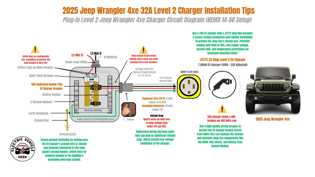 Illustrative diagram titled “2025 Jeep Wrangler 4xe 32A Level 2 Charger Installation Tips”, with the subtitle “Plug-In Level 2 Jeep 4xe Charger Circuit Diagram (NEMA 14-50 Setup),” presents a detailed visual guide for installing a Level 2 EV charger specifically for the 2025 Jeep Wrangler 4xe. It combines a technical circuit diagram, hardware references, and color-coded installation tips to help homeowners or electricians install a safe and compliant charging setup.

At the core of the infographic is a detailed illustration of the main electrical panel. The diagram shows power entering through utility service lines into the active lugs on the main breaker, with a warning noting that these lugs remain live even when the breaker is switched off. Key panel components are labeled, including the main panel breaker, a dedicated 40-amp double-pole breaker for the EV charger, the neutral busbar, and the ground busbar. The grounding system is shown connecting to an earth conductor and ground rod.

A 3/4-inch conduit is illustrated as the pathway for the branch circuit wiring, with a photo of wires being fed through it. The recommended wiring for the 32-amp Level 2 EV charger branch circuit includes 8 AWG copper conductors for L1, L2, and neutral, and a 10 AWG copper grounding conductor. A safety note advises keeping wiring away from panel gutter posts and avoiding crossing wires over breakers.

The diagram continues by showing how the branch circuit connects to a NEMA 14-50 outlet. From there, a 32A J1772 Level 2 EV charger, rated at 7.68kW, is plugged into the outlet. An icon of a J1772 plug illustrates the final connection to the Jeep Wrangler 4xe’s charge port. A green 2025 Jeep Wrangler 4xe is pictured to the right, visually anchoring the diagram to its intended vehicle.

Scattered throughout the infographic are key installation tips and safety warnings. 

One green text box advises using a 32A EV charger with a J1772 plug that ensures proper mating and a reliable handshake to prevent charge port damage. It also recommends selecting chargers with built-in GFCI protection, over/under-voltage protection, ground fault detection, and thermal safeguards.

Another green box highlights the importance of ground continuity. It recommends ensuring the EV charger’s ground wire is cleanly and securely connected to the panel’s ground busbar, which must itself be properly bonded to the building’s grounding electrode system. 

For circuit protection, the guide emphasizes using a high-quality breaker to guard the EV charger and Jeep 4xe’s sensitive electrical components, such as the Integrated Dual Charging Module (IDCM), HVIL circuit, and battery control modules.

A separate warning explains the issue of voltage drop caused by long wiring runs or undersized conductors, which can lead to low voltage conditions at the charger. An additional red box reminds users that per the NEC 80% rule, a 32A EV charger must be installed on a 40A breaker.