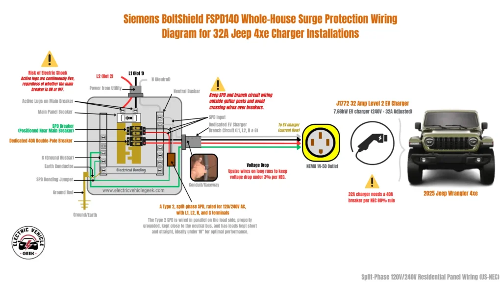 An illustrative diagram titled "Siemens BoltShield FSPD140 Whole-House Surge Protection Wiring Diagram for 32A Jeep 4xe Charger Installations" shows how to properly wire a home electrical panel to support a Level 2 EV charger, while integrating surge protection. The subtitle reads: "Split-Phase 120V/240V Residential Panel Wiring (US-NEC)."

The layout is divided into three key sections. On the left, the Main Electrical Panel Diagram illustrates a standard residential setup with power entering the panel via L1, L2, and Neutral. A bright yellow warning sign highlights the danger: “Risk of Electric Shock – Active lugs remain live even when the main breaker is OFF.” Components such as the main panel breaker, ground busbar, and neutral busbar are clearly labeled.

The surge protector wiring is detailed next. A dedicated SPD breaker is located near the main breaker. Wires from this breaker and the neutral/ground busbars lead to the Siemens BoltShield SPD unit, shown as a brown box inside the panel. A grounding jumper bonds the SPD to the ground busbar, following best practices for safety and performance.

Below the diagram, a callout box explains: “This is a Type 2, split-phase SPD rated for 120/240V AC, wired in parallel on the load side. It must be properly grounded, mounted close to the neutral bus, and have lead lengths under 18 inches to ensure optimal protection.”
Also inside the panel, a dedicated 40A double-pole breaker is shown for the EV charger branch circuit. A ground rod connection is illustrated and labeled “Ground/Earth.” 

From the center of the infographic, the EV charger circuit exits the panel via conduit or raceway. A photo inset shows a hand feeding wires through the conduit. A caution note reads: “Keep SPD and branch circuit wiring outside gutter posts, and avoid crossing over breakers.” Another tip advises: “Upsize wires on long runs to keep voltage drop under 3% per NEC.”

On the right, the circuit terminates at a NEMA 14-50 outlet, shown in yellow. Connected to that is a J1772 Level 2 EV charger, rated for 32 amps and 7.68kW. A warning underneath notes: “32A charger needs a 40A breaker per NEC 80% rule.”

Finally, the far-right side features an image of a green 2025 Jeep Wrangler 4xe, representing the vehicle being charged. The entire diagram emphasizes safety, code compliance, and real-world installation clarity for homeowners and electricians alike.