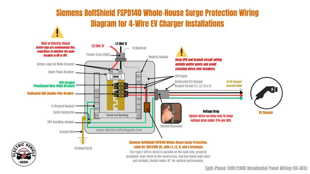 Siemens BoltShield FSPD140 Whole-House Surge Protection Wiring Diagram for 4-Wire EV Charger Installations This is a technical wiring diagram illustrating the installation of a Siemens BoltShield FSPD140 whole-house surge protection device (SPD) alongside a dedicated circuit for a 4-wire EV charger. The setup is shown in a US-NEC compliant, split-phase 120V/240V main residential electrical panel. The diagram outlines the following components and connections: Power Input: Power from the utility enters the main panel via two hot lines (L1, L2) connecting to the main breaker's active lugs, and a neutral line (N) connecting to the neutral busbar. A prominent warning triangle states, "Risk of Electric Shock: Active lugs are continuously live, regardless of whether the main breaker is ON or OFF." Main Electrical Panel: The diagram shows a main service panel with a main breaker, a neutral busbar, and a ground busbar (G). An "Electrical Bonding" jumper connects the neutral and ground busbars, which is standard for a main panel. Surge Protection Device (SPD) Installation: The specific model, a Siemens BoltShield FSPD140, is used as a Type 2 SPD to protect the entire panel. It is connected to its own double-pole "SPD Breaker," positioned near the main breaker for best performance. The SPD's L1, L2, Neutral, and Ground wires are shown connected to the SPD breaker and their respective busbars. EV Charger Circuit: A "Dedicated 50A Double-Pole Breaker" provides power for the EV charger circuit. A four-wire branch circuit (L1-red, L2-black, Neutral-white, and Ground-green) runs from this dedicated breaker and the busbars, through a conduit/raceway. Connection to EV Charger: The four-wire circuit is shown connecting directly to a generic EV charger, represented by an icon of a charging handle with a lightning bolt, indicating a 4-wire hardwired or plug-in installation. Grounding System: The panel's ground busbar is properly connected to the earth via an earth conductor and a ground rod. Key informational callouts on the diagram include: A warning to keep wiring organized and to avoid crossing wires over breakers. A "Voltage Drop" note, advising to upsize wires on long runs to maintain a voltage drop of less than 3% per NEC. A detailed description of the Siemens BoltShield FSPD140, noting it is rated for 120/240V AC and that its leads should be kept short (ideally under 18 inches) and straight for optimal performance.