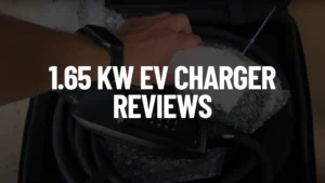White text "1.65 kW EV CHARGER REVIEWS" over a blurred background showing James reaching into a black case with coiled cables and a partially visible Lectron 1.65 kW EV charger.