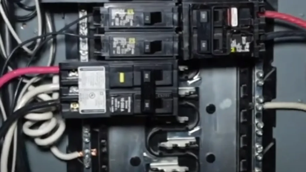 The image displays a GFCI (Ground Fault Circuit Interrupter) breaker, which is a specialized type of circuit breaker. This breaker is installed in a breaker panel specifically for use with an electric vehicle (EV) charger branch circuit. The yellow button on the front of the breaker is used for testing the ground fault protection. The breaker is a double-pole breaker, meaning it occupies two slots in the panel and provides 240 volts, which is the standard voltage for most Level 2 EV chargers.