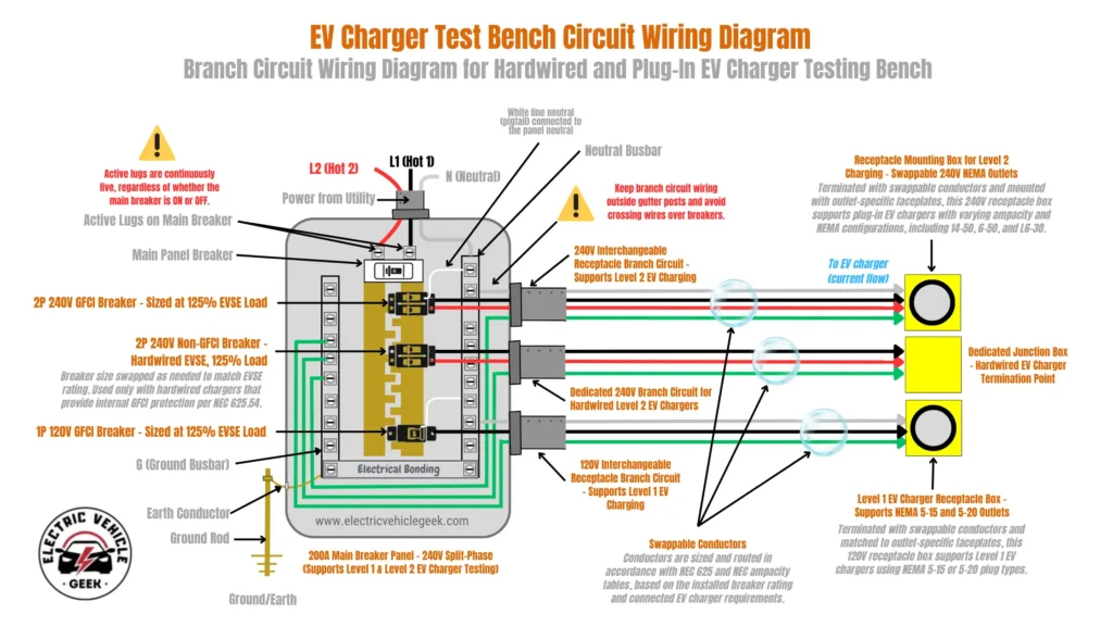 EV charger test bench circuit wiring diagram showing 240V and 120V branch circuits for Level 1 and Level 2 EVSE testing, including plug-in and hardwired configurations.