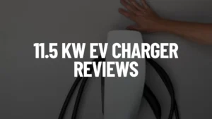 James's hand rests above a Tesla Universal Wall Connector mounted on a wall. The text "11.5 KW EV CHARGER REVIEWS" is overlaid on the image.