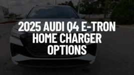 White 2025 Audi Q4 e-tron parked outdoors with black grille and illuminated headlights, text “2025 AUDI Q4 E-TRON HOME CHARGER OPTIONS”