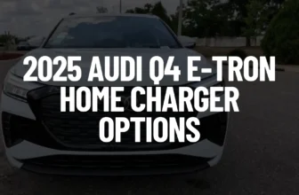 White 2025 Audi Q4 e-tron parked outdoors with black grille and illuminated headlights, text “2025 AUDI Q4 E-TRON HOME CHARGER OPTIONS”