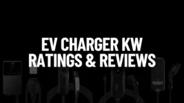 A collection of various electric vehicle (EV) chargers from different brands, featuring different designs and cable management, displayed against a dark background with the white text "EV CHARGER KW RATINGS & REVIEWS" prominently in the center.