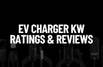 A collection of various electric vehicle (EV) chargers from different brands, featuring different designs and cable management, displayed against a dark background with the white text "EV CHARGER KW RATINGS & REVIEWS" prominently in the center.