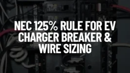 A close-up shot of an open electrical panel with various wires and circuit breakers, featuring white text overlaying the image that reads "NEC 125% RULE FOR EV CHARGER BREAKER & WIRE SIZING".
