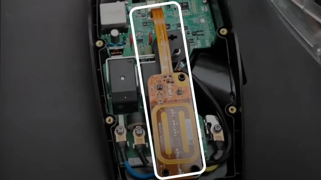 A close-up view of the internal components of a Tesla Gen 3 wall connector, highlighting the Human-Machine Interface (HMI) with a white rectangular overlay.