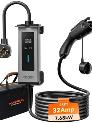 WOLFBOX Level 1&2 Electric Car Charger 32Amp J1772,ETL Certified, 25ft Cable,208-240V,Portable EV Charger Station with NEMA 14-50R Plug Adapter(PE32)