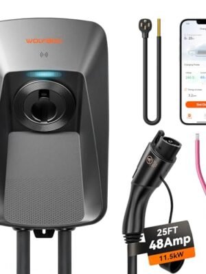WOLFBOX Level 2 EV Charger 48 Amp J1772,Hardwired EV Charger Level 2 with NEMA 14-50 Plug 25ft Cable,Smart APP&RFID Card Control,240V Electric Vehicle Charging Station (WE48)