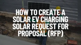Three construction workers in safety vests and hard hats are installing a solar panel for EV charging, with text overlaying the guide title for Solar EV Charging RFPs.