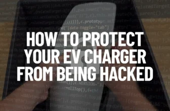 Graphic for EV Charger security guide featuring a Tesla home charger against a cybersecurity-themed background with code and a lock icon overlay, accompanied by the text: "How to Protect Your EV Charger from Being Hacked."