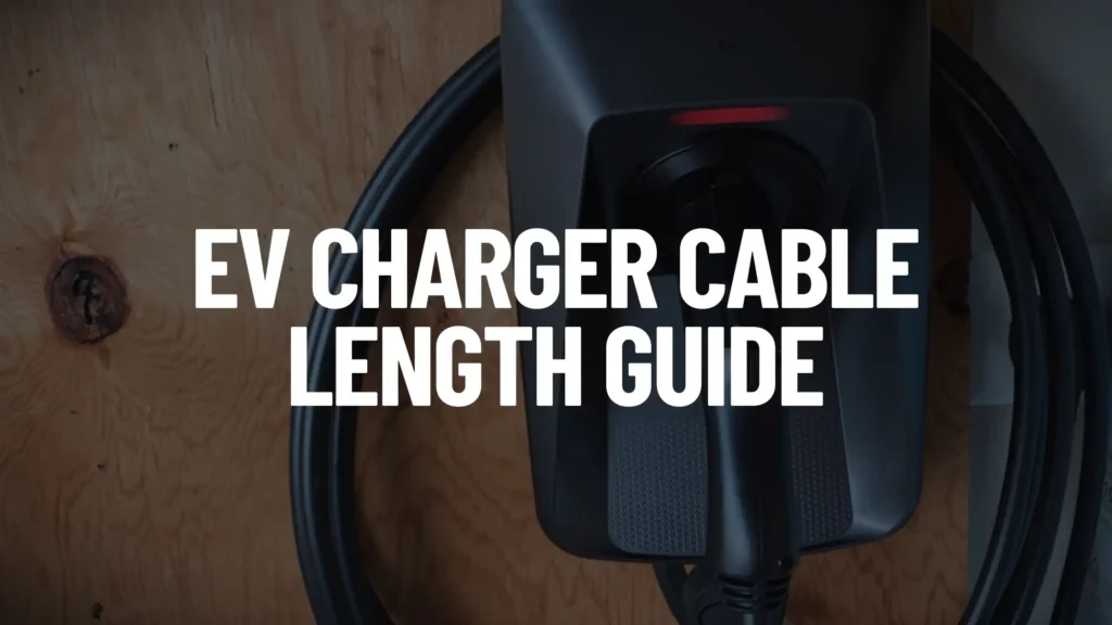 A wall-mounted EV charger with a coiled cable and overlaid text reading "EV CHARGER CABLE LENGTH GUIDE."