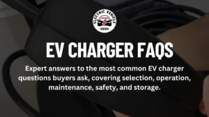 Featured image for Electric Vehicle Geek's EV Chargers FAQ page. A hand holds a matte-black Tesla Gen 3 Mobile Connector housing against a dark, semi-transparent overlay. At the top center is the Electric Vehicle Geek circular logo. Large, bold white text in the center reads 'EV CHARGER FAQS.' Below the title, a sub-headline reads: 'Expert answers to the most common EV charger questions buyers ask, covering selection, operation, maintenance, safety, and storage.
