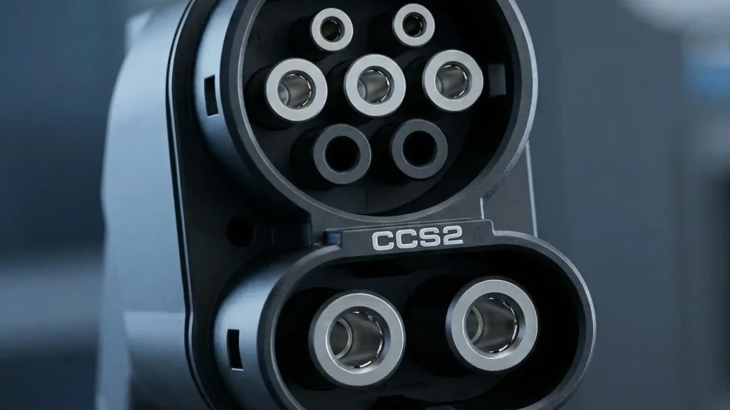 A close-up of a black CCS Combo 2 charging connector, showing the seven-pin Type 2 AC interface at the top and two large DC fast-charging pins at the bottom.