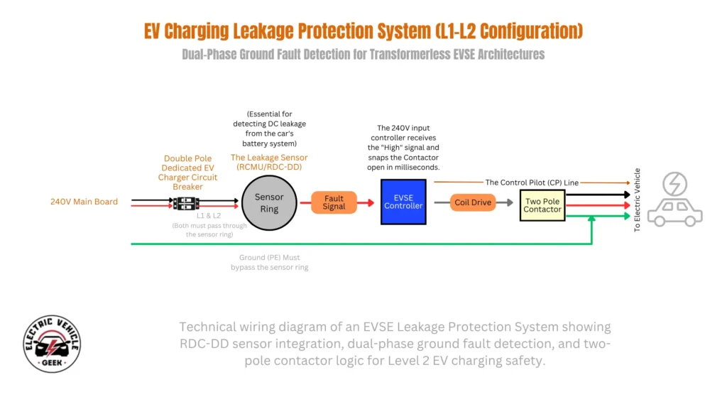 Technical wiring diagram of a Level 2 EV charger safety system showing an RDC-DD leakage sensor, EVSE controller, two-pole contactor, and ground protection wiring used to detect AC and DC faults during electric vehicle charging.