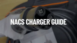 Featured blog image showing a close-up of an NACS (SAE J3400) charging connector with bold text overlay reading “NACS CHARGER GUIDE.”