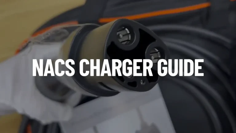 Featured blog image showing a close-up of an NACS (SAE J3400) charging connector with bold text overlay reading “NACS CHARGER GUIDE.”