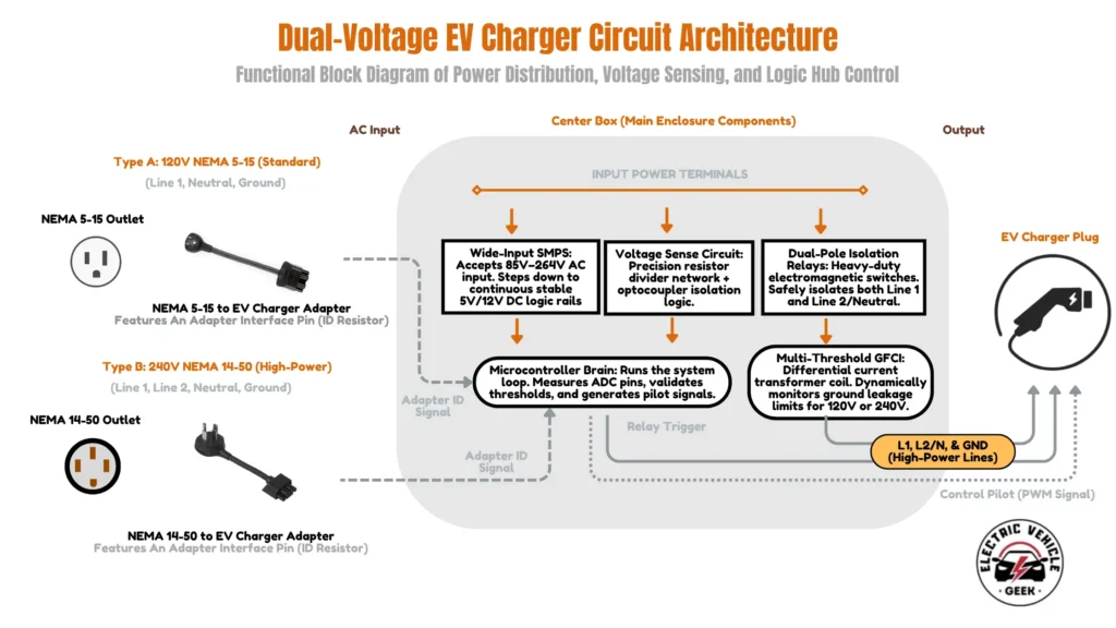 A technical functional block diagram of a Dual-Voltage EV Charger Circuit Architecture. The diagram illustrates the flow from AC input adapters (NEMA 5-15 and NEMA 14-50) through a main enclosure containing a wide-input SMPS, voltage sense circuit, microcontroller, dual-pole isolation relays, and multi-threshold GFCI, leading to an output EV charger plug with high-power lines and a PWM control pilot signal.