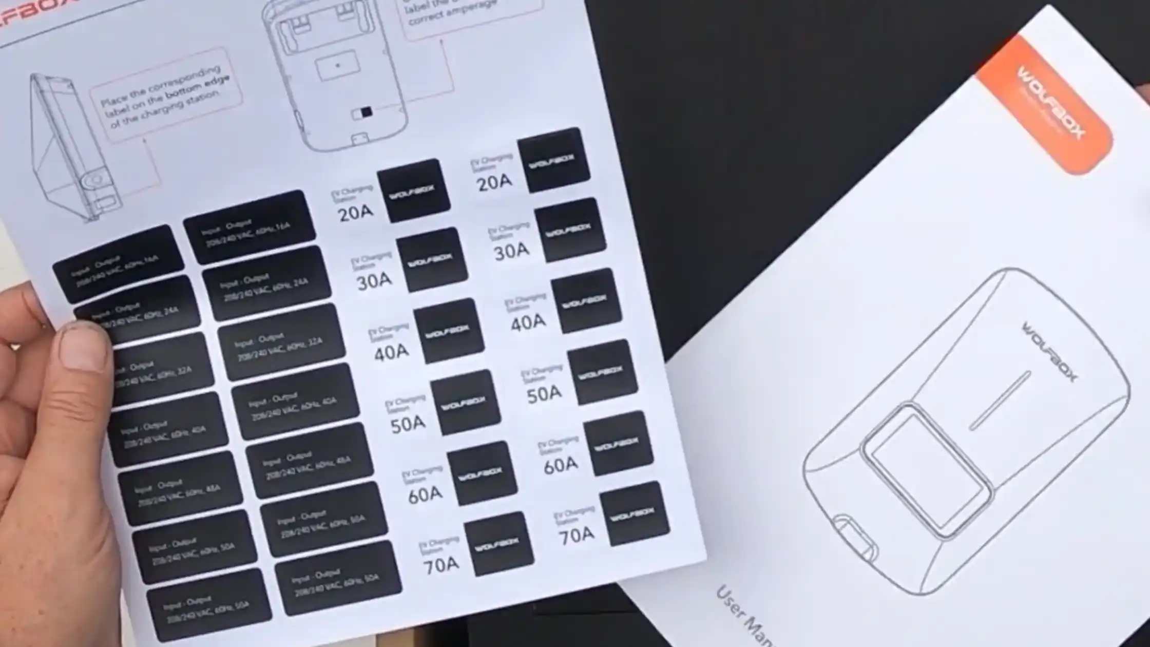 Close-up of James holding the WOLFBOX EV charger user manual alongside an amperage specification label sheet against a dark gray background.